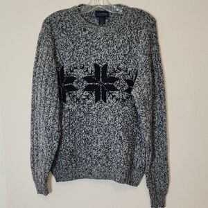 Vintage Club Room Navy and Gray Crewneck Wool Blend Snowflakes Sweater Sz M Mens